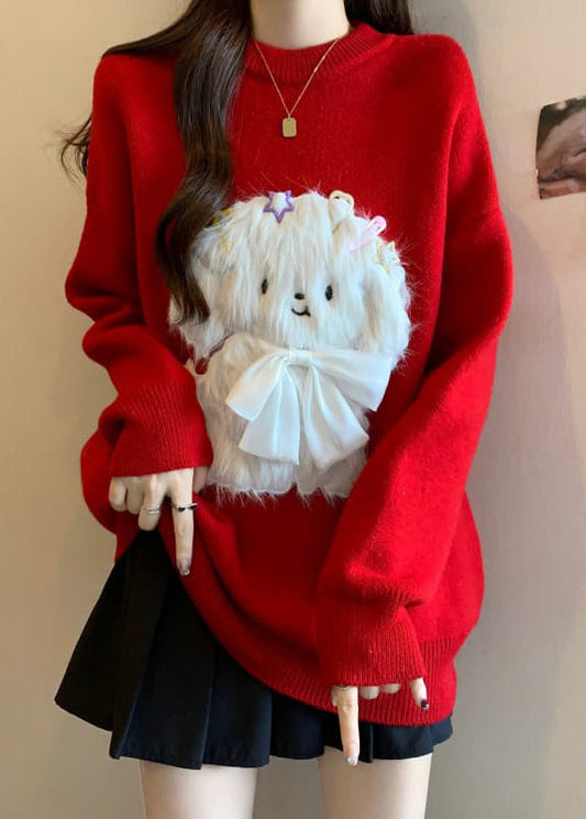 Red O Neck Dogs Loose Knit Sweaters Spring Tn032