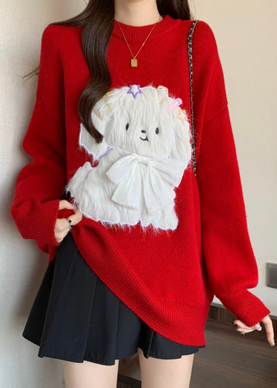 Red O Neck Dogs Loose Knit Sweaters Spring Tn032