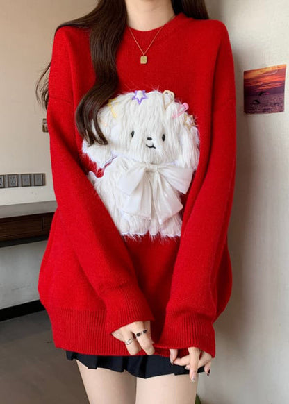 Red O Neck Dogs Loose Knit Sweaters Spring Tn032