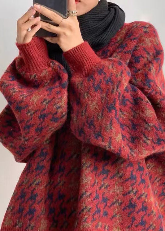 Red O Neck Print Loose Knit Sweater Spring Td033