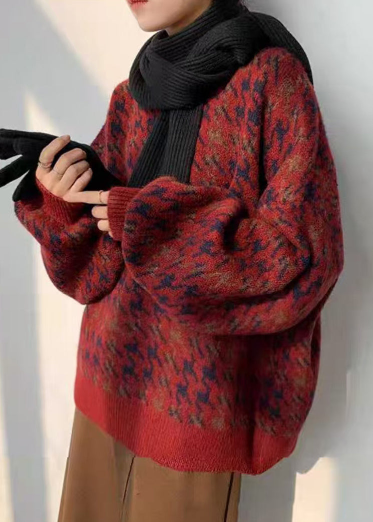Red O Neck Print Loose Knit Sweater Spring Td033