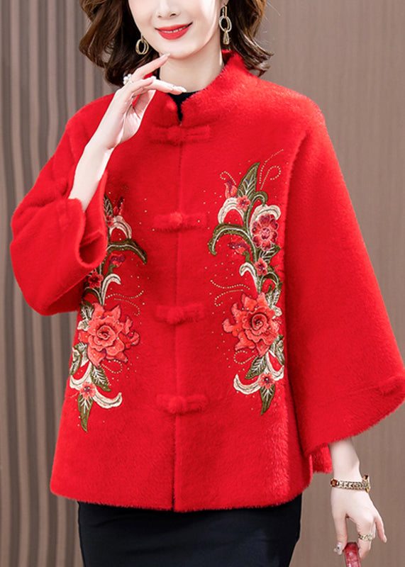 Red Print Patchwork Mink Velvet Woolen Coat Spring Ta022