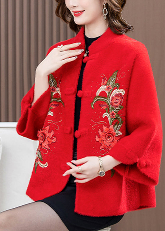 Red Print Patchwork Mink Velvet Woolen Coat Spring Ta022