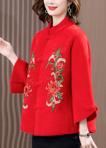 Red Print Patchwork Mink Velvet Woolen Coat Spring Ta022