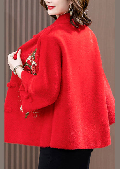 Red Print Patchwork Mink Velvet Woolen Coat Spring Ta022