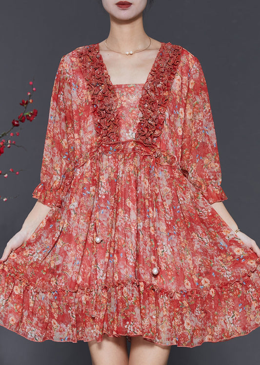 Red Ruffled Print Chiffon Mini Dress Summer Sd1091