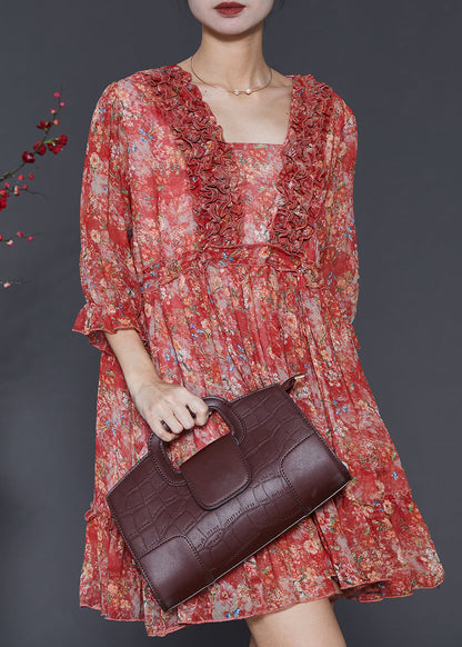 Red Ruffled Print Chiffon Mini Dress Summer Sd1091