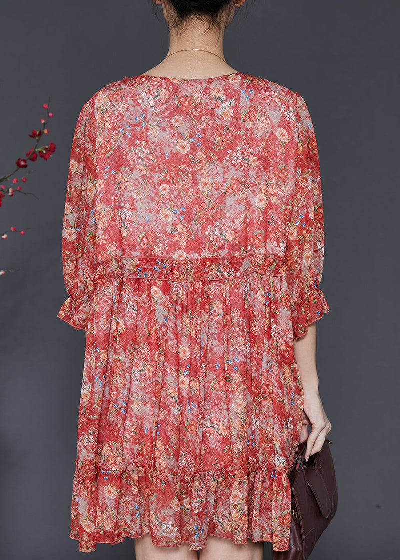Red Ruffled Print Chiffon Mini Dress Summer Sd1091