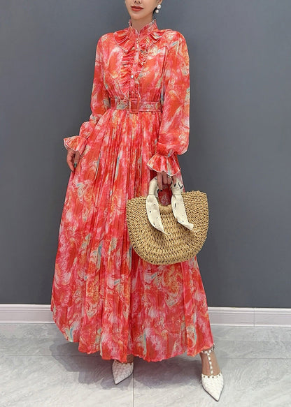 Red Stand Collar Print Sashes Chiffon Long Dress Long Sleeve Ao1035