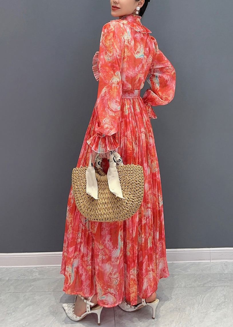 Red Stand Collar Print Sashes Chiffon Long Dress Long Sleeve Ao1035