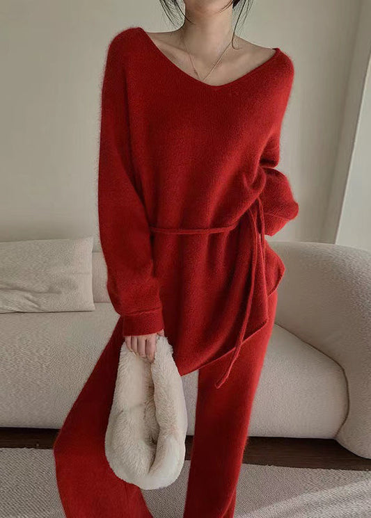 Red Sweaters and Pants Knit 2 Piece Outfit Fall Wo031
