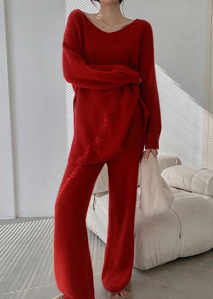 Red Sweaters and Pants Knit 2 Piece Outfit Fall Wo031