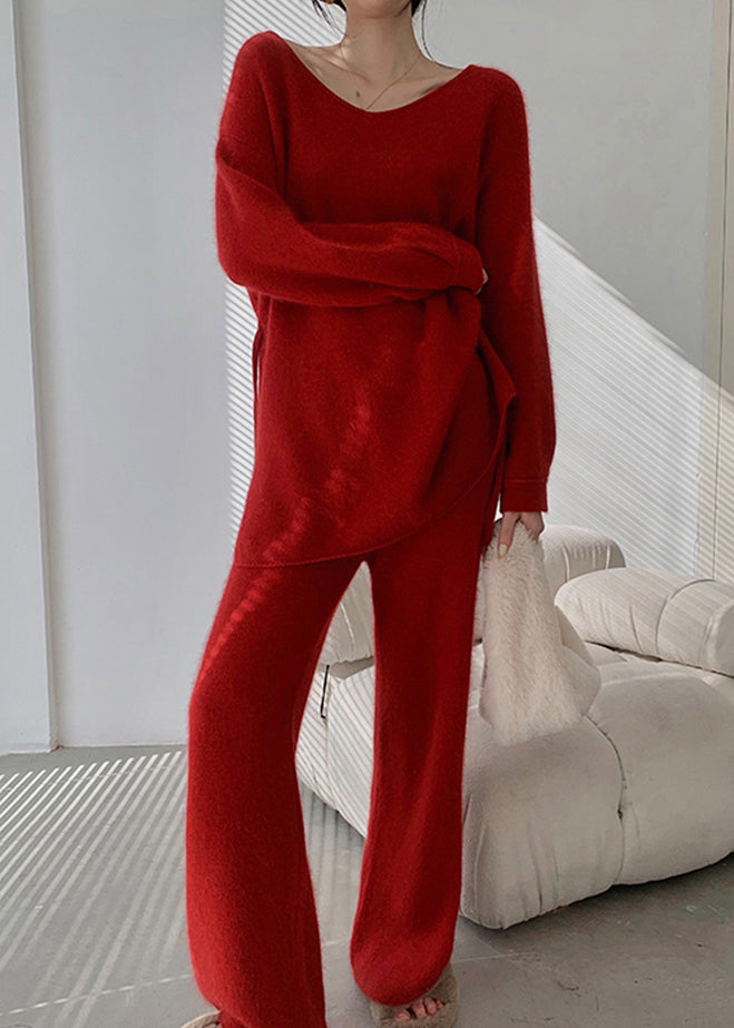 Red Sweaters and Pants Knit 2 Piece Outfit Fall Wo031