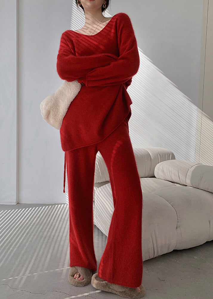 Red Sweaters and Pants Knit 2 Piece Outfit Fall Wo031