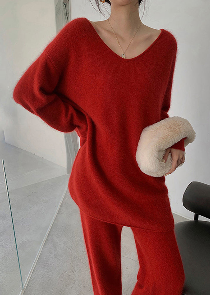 Red Sweaters and Pants Knit 2 Piece Outfit Fall Wo031