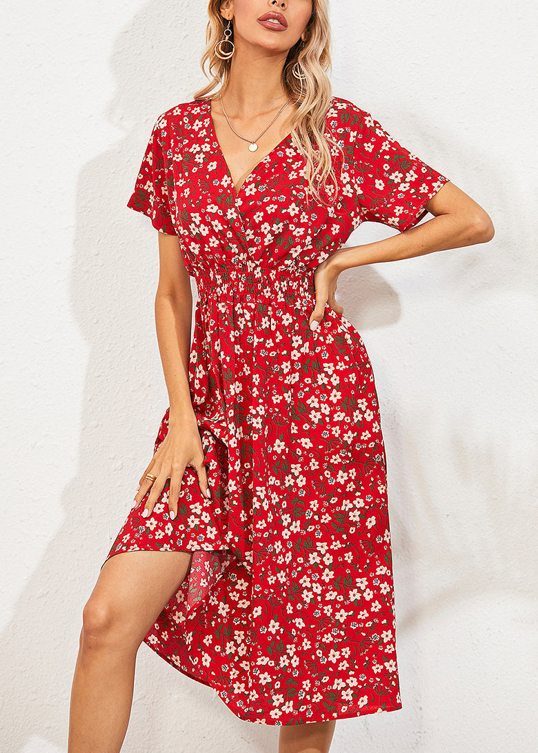 Red V Nec Print Long Dress Summer Ly1958