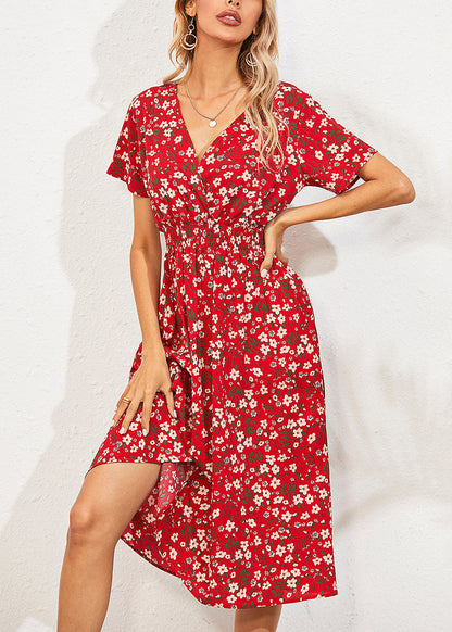 Red V Nec Print Long Dress Summer Ly1958