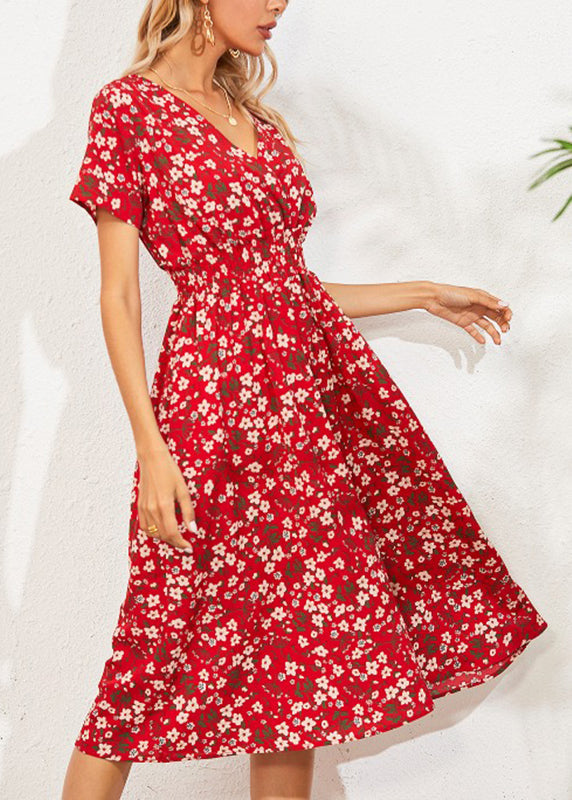 Red V Nec Print Long Dress Summer Ly1958
