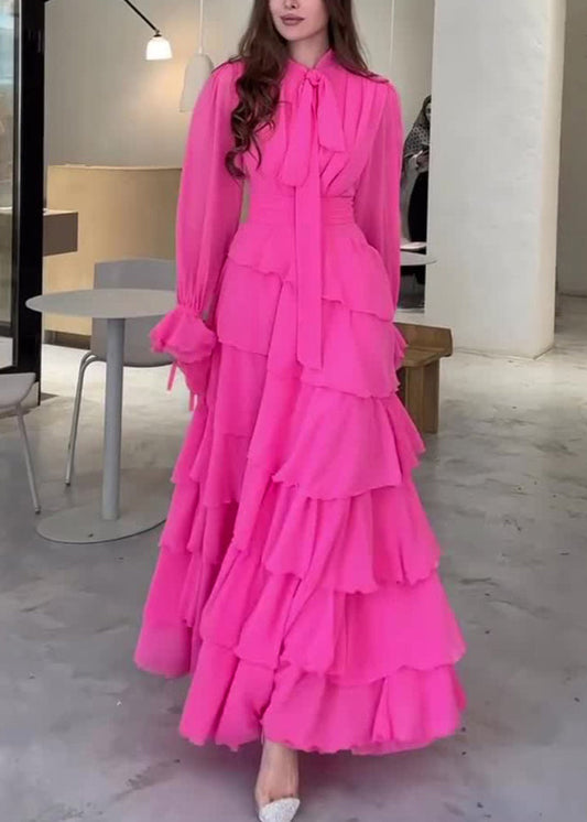 Rose Bow Ruffled Patchwork Chiffon Long Dress Fall Wo059