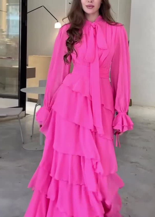 Rose Bow Ruffled Patchwork Chiffon Long Dress Fall Wo059