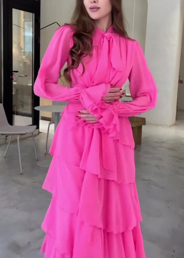 Rose Bow Ruffled Patchwork Chiffon Long Dress Fall Wo059