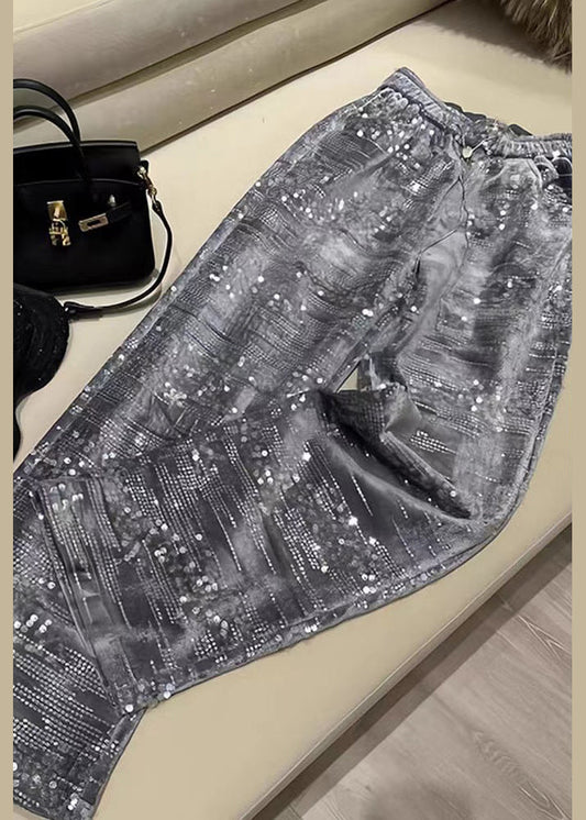 Silver Sequins Elastic Waist Straight Pants Spring Bv041