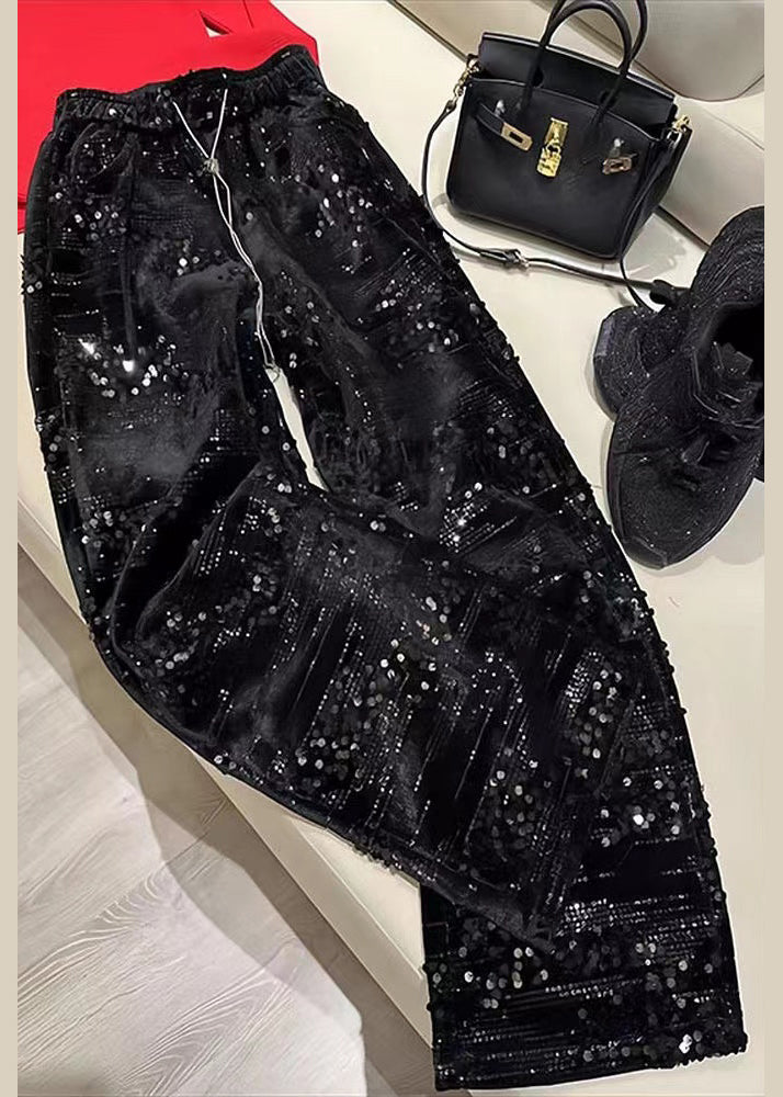 Silver Sequins Elastic Waist Straight Pants Spring Bv041