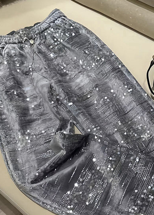 Silver Sequins Elastic Waist Straight Pants Spring Bv041
