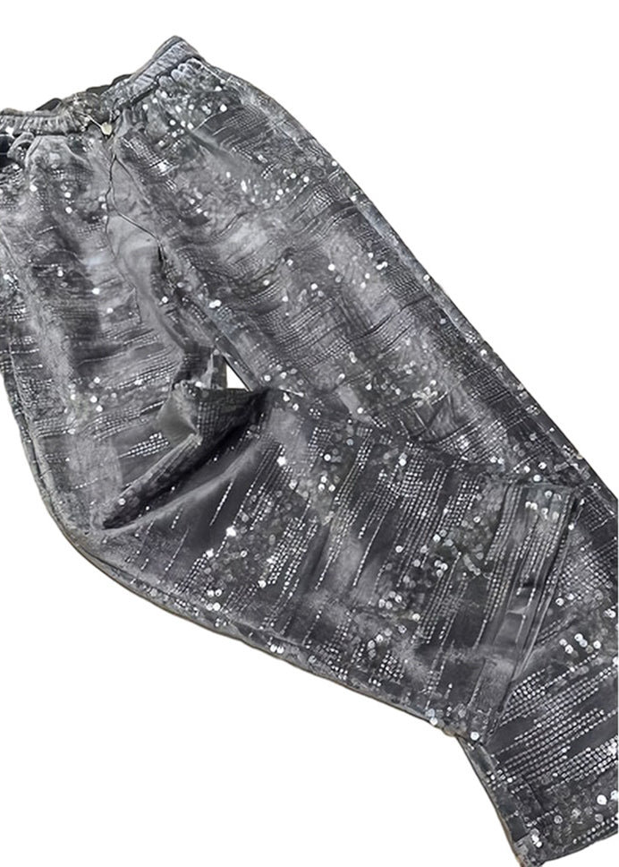 Silver Sequins Elastic Waist Straight Pants Spring Bv041