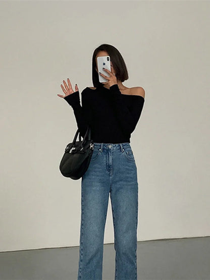 Skew Collar Off-shoulder Long-sleeved T-shirts Spring New Slim Fit Crop Top Hollow Out Tees Shirts