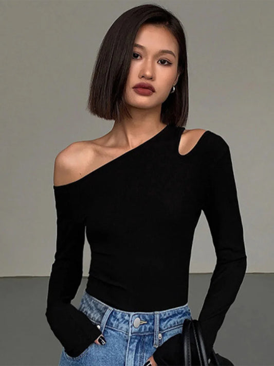 Skew Collar Off-shoulder Long-sleeved T-shirts Spring New Slim Fit Crop Top Hollow Out Tees Shirts