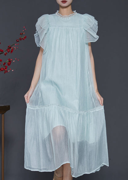 Sky Blue Ruffled Silk Maxi Dresses Summer Sd1099