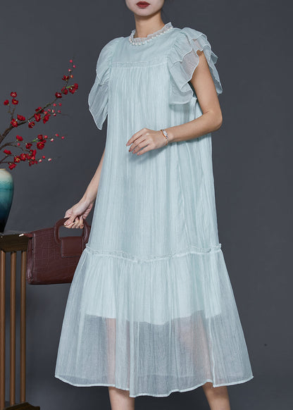 Sky Blue Ruffled Silk Maxi Dresses Summer Sd1099