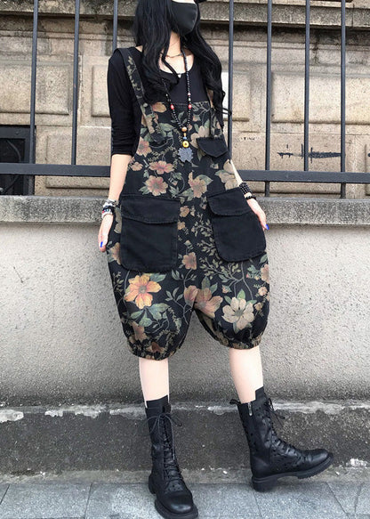 Slash Neck Print Patchwork Button Denim Jumpsuit Spring Ly1279
