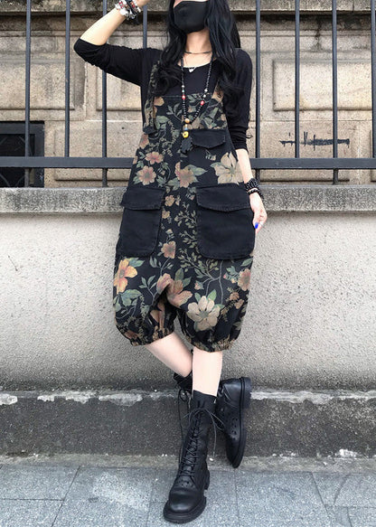 Slash Neck Print Patchwork Button Denim Jumpsuit Spring Ly1279