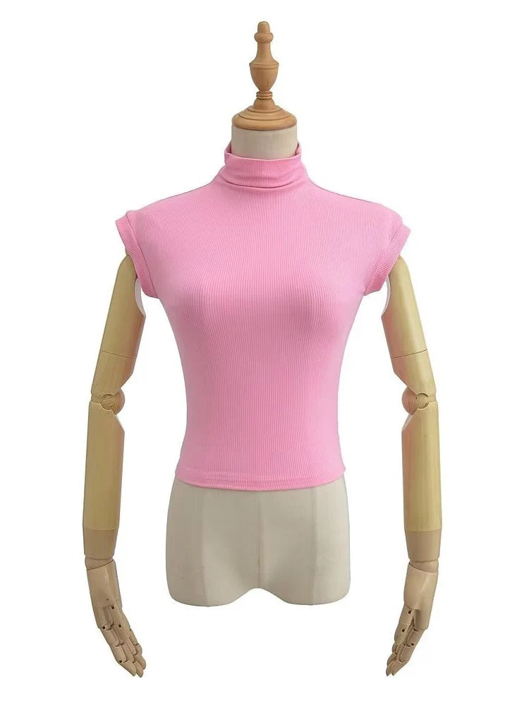 Small Turtleneck Tops Summer Woman Slim Fit T-shirt Tight Cotton Short-sleeve Tee Tops 7 Colors