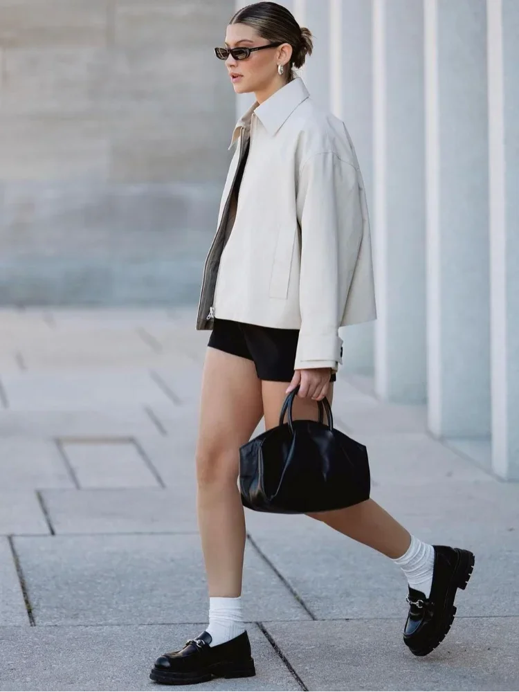 Lapel Zipper Long Sleeve Pocket Warm Loose Coat