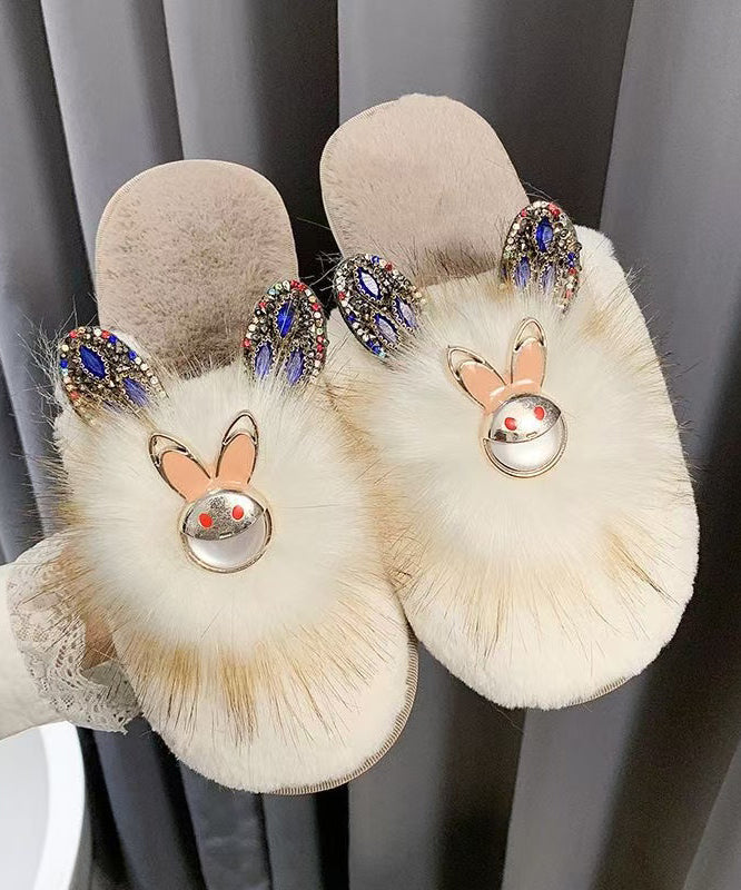 Splicing Slippers Shoes Khaki Fuzzy Fur Zircon Rx019