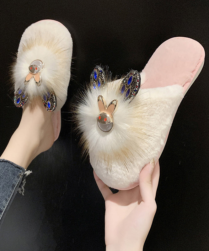 Splicing Slippers Shoes Khaki Fuzzy Fur Zircon Rx019