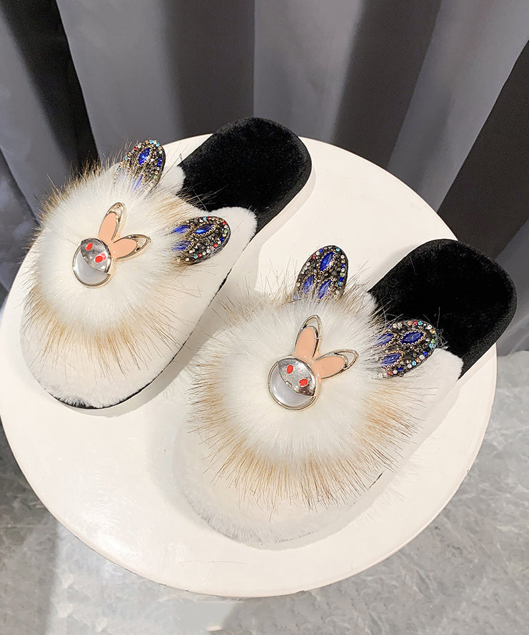 Splicing Slippers Shoes Khaki Fuzzy Fur Zircon Rx019