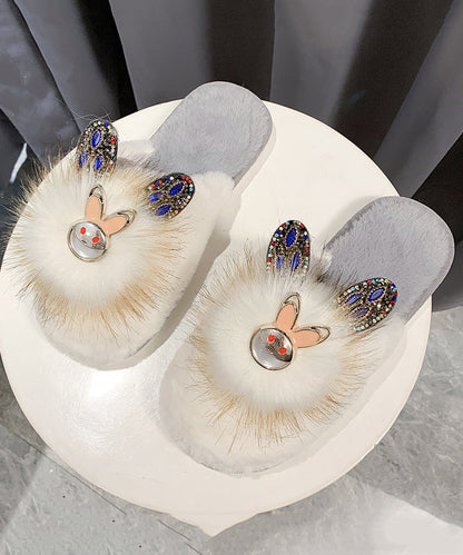 Splicing Slippers Shoes Khaki Fuzzy Fur Zircon Rx019