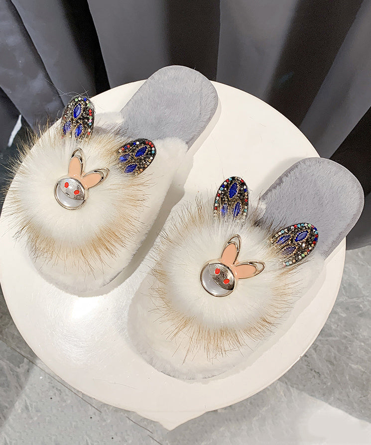 Splicing Slippers Shoes Khaki Fuzzy Fur Zircon Rx019