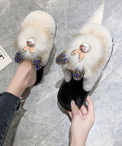 Splicing Slippers Shoes Khaki Fuzzy Fur Zircon Rx019