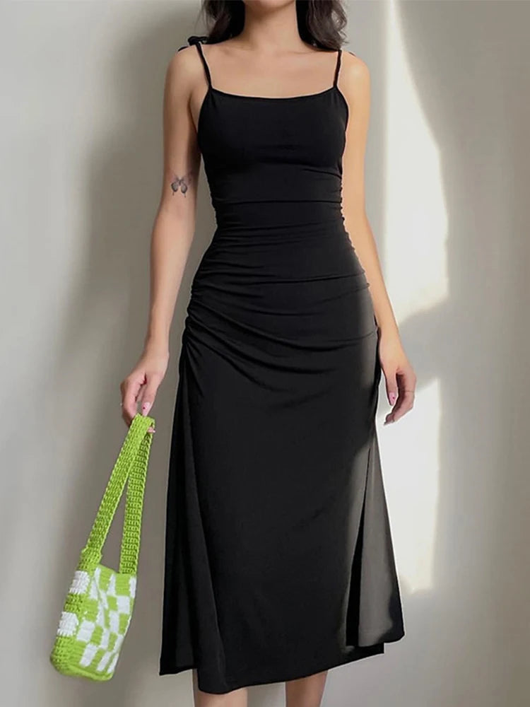 Strappy Black Irregular Backless Summer Clothes Midi Dresses