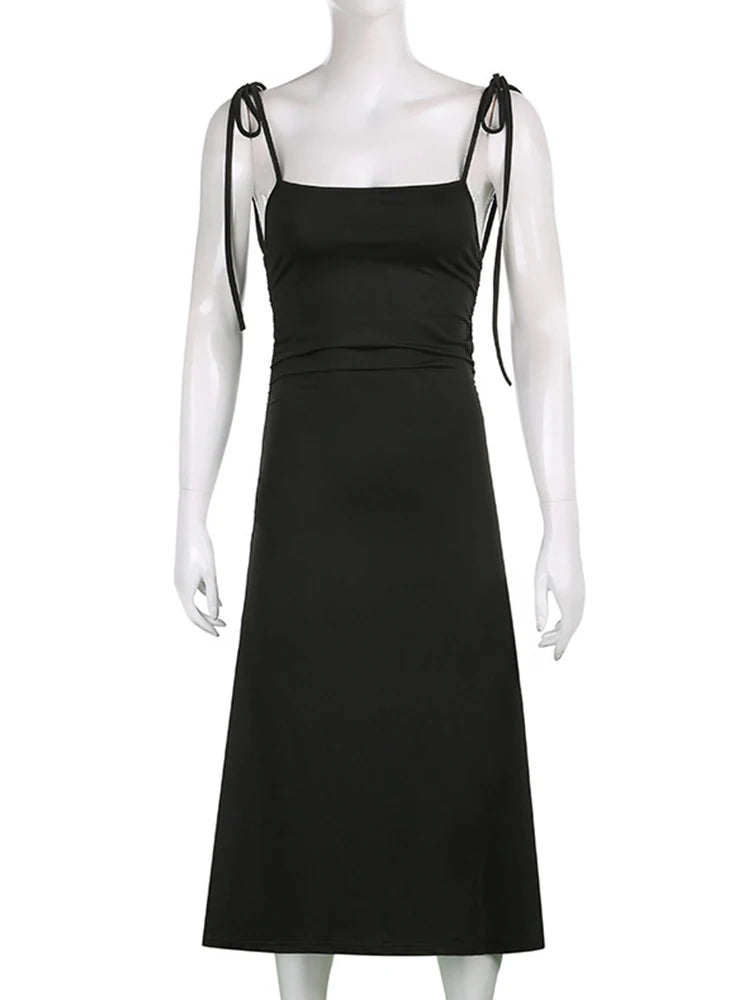 Strappy Black Irregular Backless Summer Clothes Midi Dresses