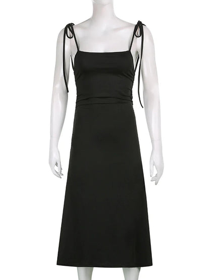 Strappy Black Irregular Backless Summer Clothes Midi Dresses