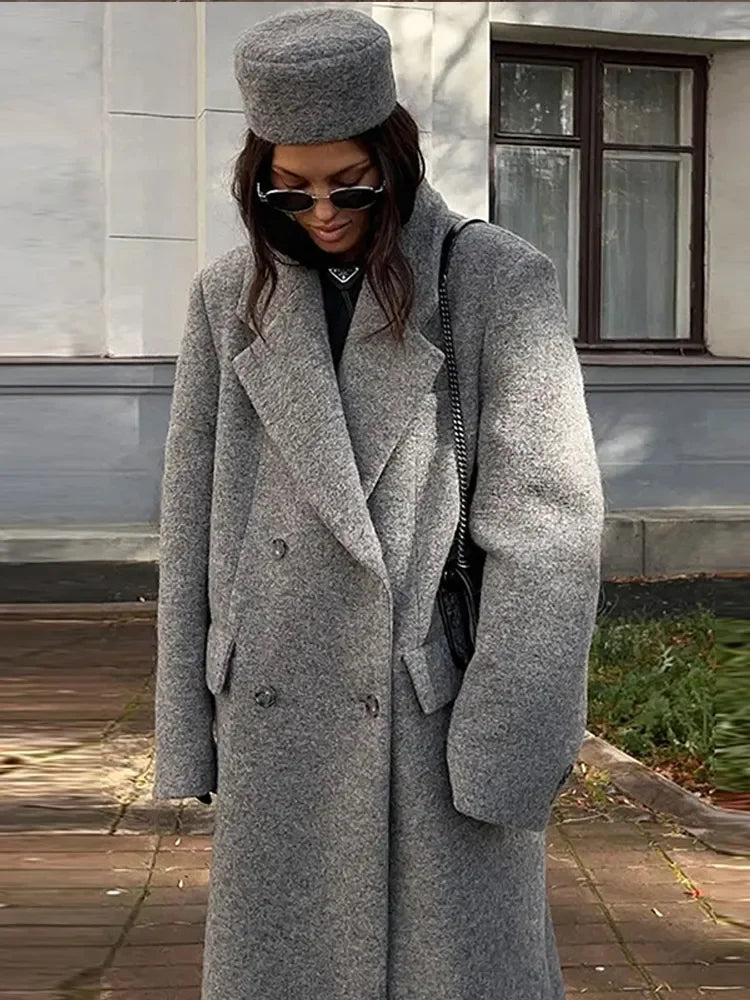 Turn Down Collar Long Sleeve Lady Long Pocket Breasted Coat