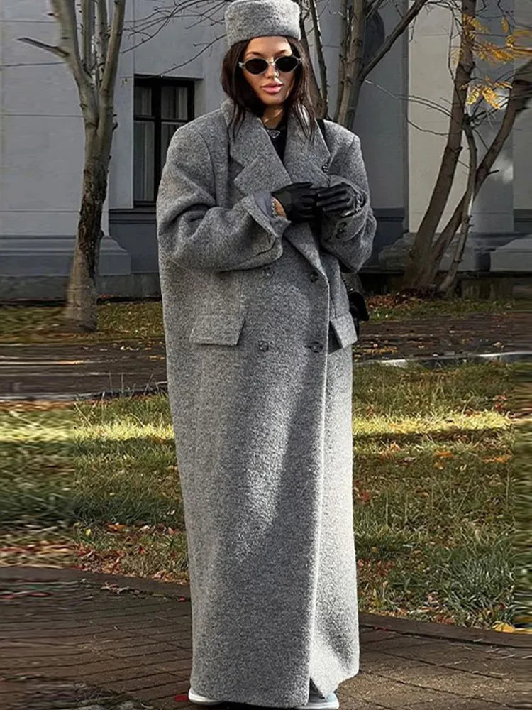 Turn Down Collar Long Sleeve Lady Long Pocket Breasted Coat