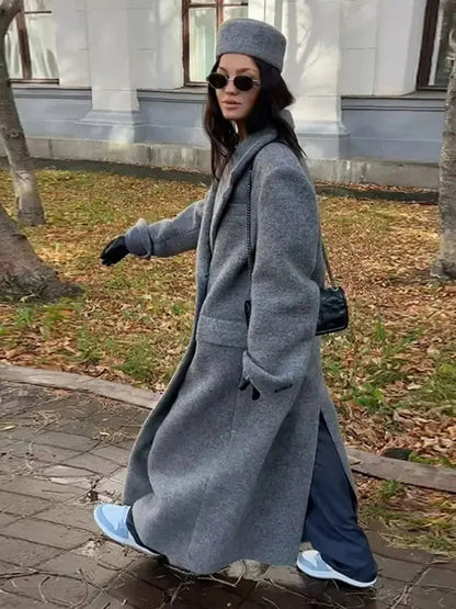 Turn Down Collar Long Sleeve Lady Long Pocket Breasted Coat