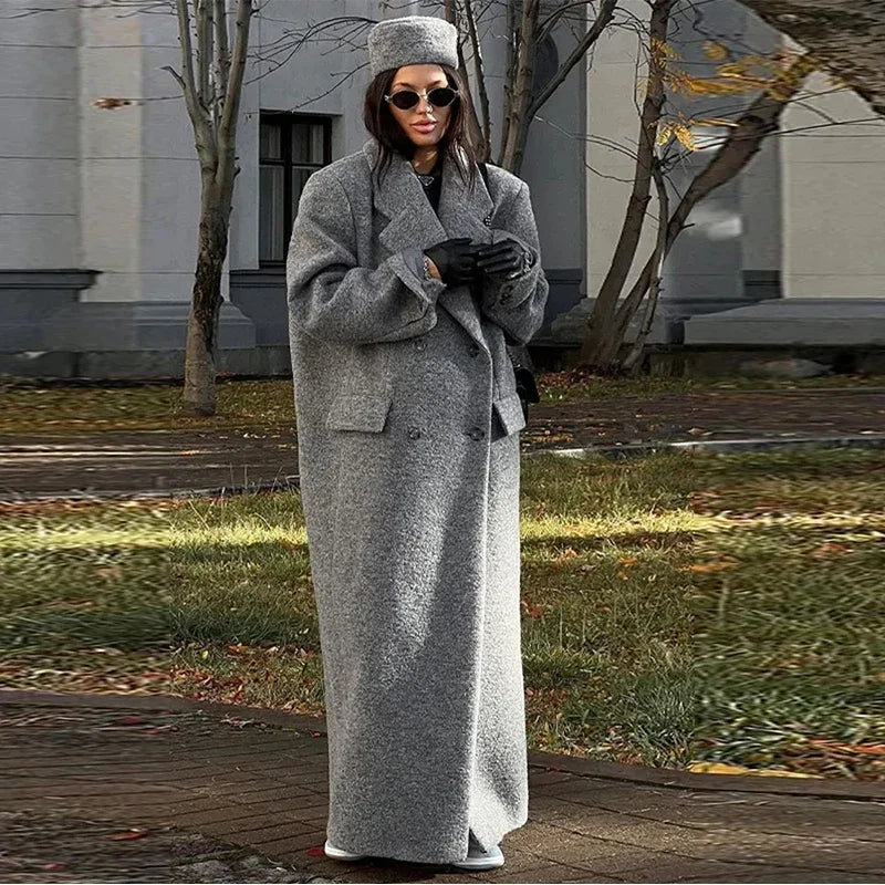 Turn Down Collar Long Sleeve Lady Long Pocket Breasted Coat